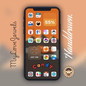 May include: A smartphone screen showcases a custom app icon design with a warm colour scheme. The screen features app icons, a compass widget, and the word "Candy" in colourful letters. The phone is set against a gradient background with the text "MyLove Jewels" and "Handrawn."