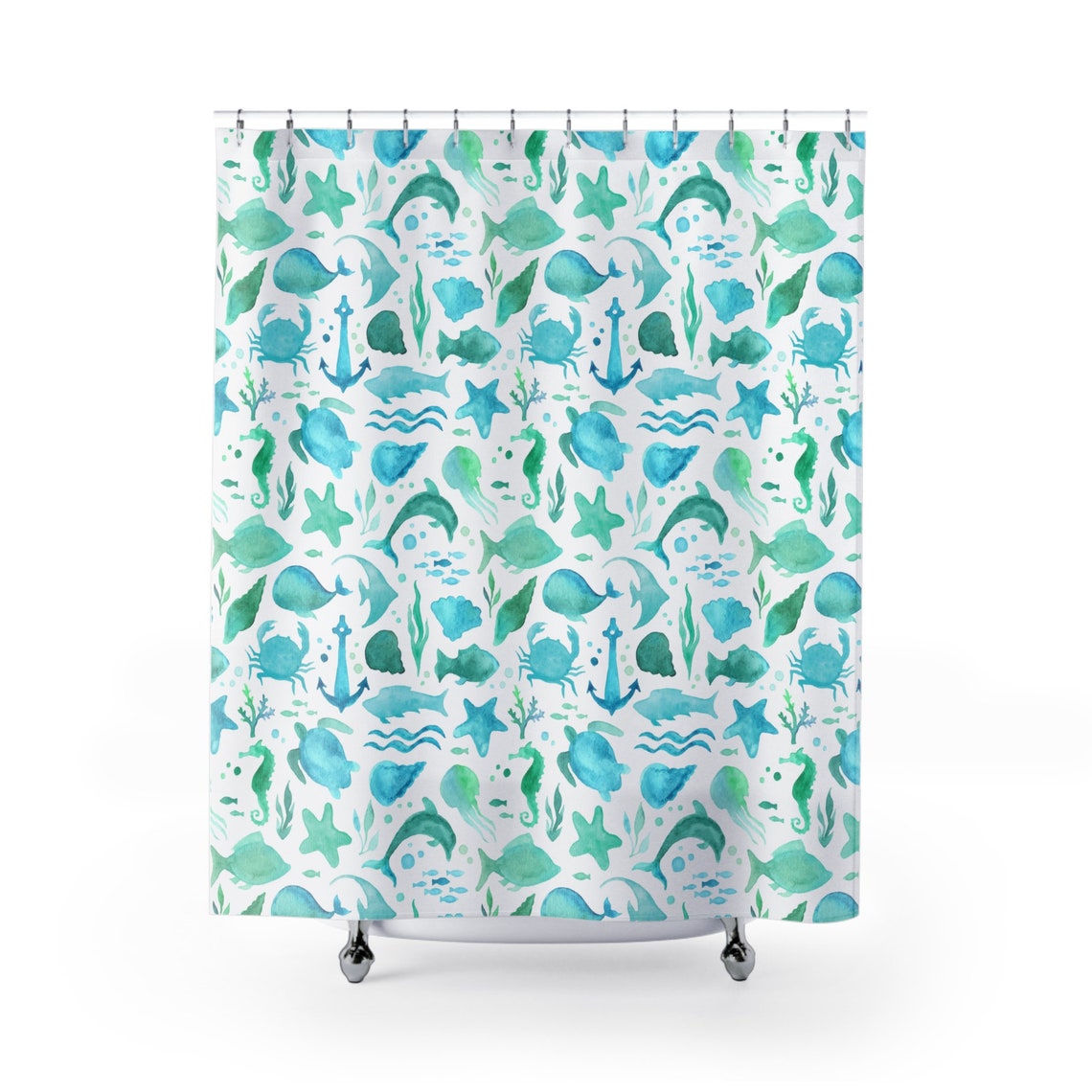 Watercolor Sea Life Shower Curtain, Watercolor Ocean Life Shower