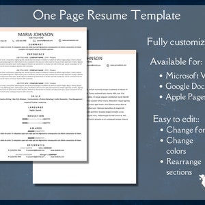 Traditional One Page Resume Template Editable and Customizable
