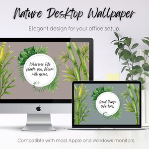 Könnte beinhalten: Zwei Computerbildschirme, die naturbezogene Desktop-Hintergründe mit grünem Bambus und Blättern anzeigen. Der Text auf den Bildschirmen lautet "Wherever life plants you, bloom with grace." und "Good things take time."