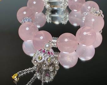 Madagascar Rose Quartz Beaded Bracelet: Gemstone Crystal, 17.7mm