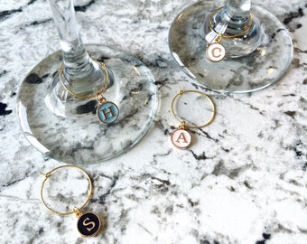 Initial Wine Glass Charms | Custom Wine Gifts | Gold Ring Wine Charms | Colorful Initial Charms | Identifier Charms | Stemmed Wine Glasses