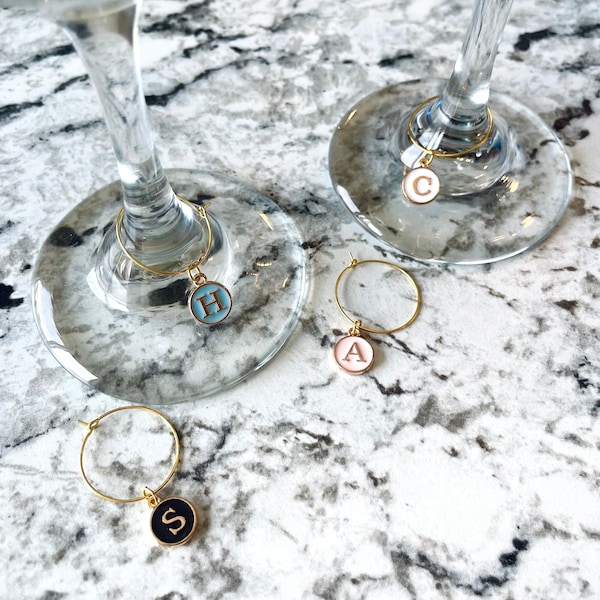 Initial Wine Glass Charms | Custom Wine Gifts | Gold Ring Wine Charms | Colorful Initial Charms | Identifier Charms | Stemmed Wine Glasses