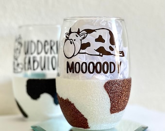 Cow Print | Glitter Wine Glass | Stemmed | Stemless | Gift for Her | Moody | Birthday | Christmas | 21st | Funny | Friends | Coworker