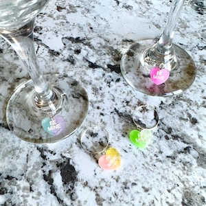Conversation Hearts Wine Glass Charms | Identifier Charms | Party Favors | Custom Gifts | Stemmed Wine Glass | Charm Set | Multicolor Charms