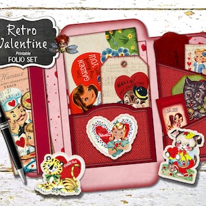 Könnte beinhalten: Ein druckbares Retro-Valentinstags-Folio-Set in Rot, Weiß und Rosa. Das Folio-Set enthält eine Vielzahl von Valentinstagskarten, -etiketten und -aufklebern im Vintage-Stil. Der Text auf den Karten lautet "Hello! My Valentine", "I'm from Garden, my heart beat for you!" und "Be My Valentine".