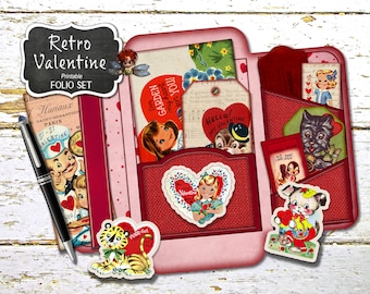 Retro Valentine's Day Junk Journal Folio and Cards, Fussy Cuts, Digital Download, Journal Kit, Junk Journal Supplies UPDATED