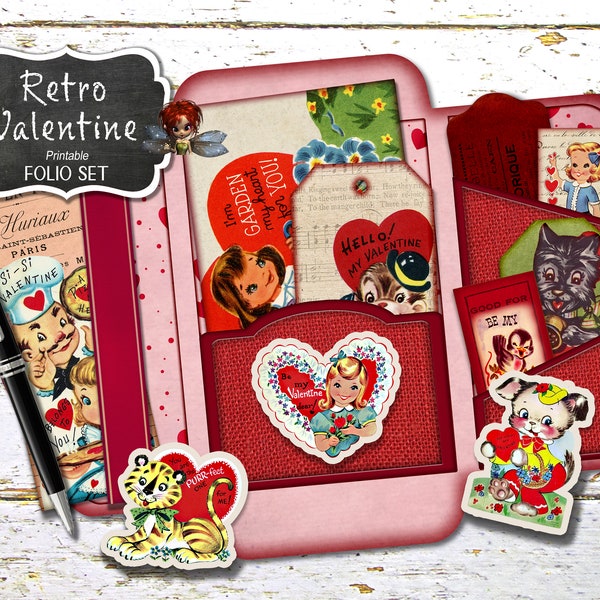 Retro Valentine's Day Junk Journal Folio and Cards, Fussy Cuts, Digital Download, Journal Kit, Junk Journal Supplies UPDATED