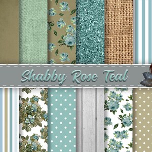 Teal Shabby Rustic Roses Digital Scrapbook Paper Pack, Printable Paper, Digital Download, Floral Paper, Instant Download Journaling Paper