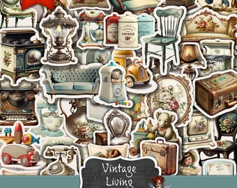 May include: A digital download of vintage-style printable fussy cuts. The image shows a collection of illustrations featuring furniture, home decor, toys, and other objects in a vintage style. The illustrations are in various colors, including blue, green, red, and brown.