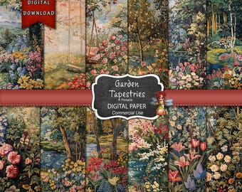 May include: A digital paper pack featuring 10 printable images of vintage tapestry designs with floral and garden scenes. The images are perfect for scrapbooking, card making, and other craft projects. The text on the image reads "Garden Tapestries Printable Digital Paper Commercial Use".