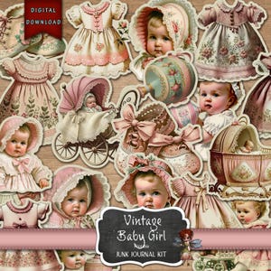 Vintage Baby Girl Junk Journal, Baby-Mädchen Aufkleber, Junk-Journal Zubehör, Antikes Foto, rosa Baby Mädchen, Vintage Clip Art, digitaler Download
