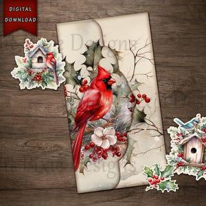 Vinterfåglar skräpjournal folio, digital nedladdning, kardinalfågel, skräpjournal folio, skräpjournaltillbehör, julskräpjournal, rödfågel bild 3