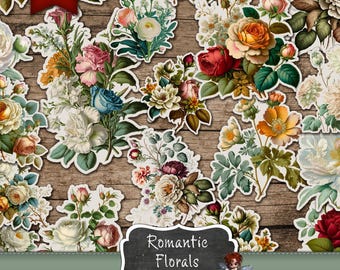 May include: Printable digital paper with a collection of romantic floral fussy cuts. The paper features a variety of flowers in shades of pink, red, white, and yellow, with green leaves and stems. The paper is perfect for scrapbooking, card making, and other paper crafts.