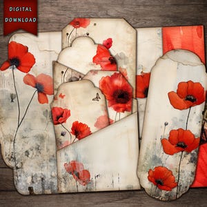 Suprimentos para diário, pastas e cartões de flores de papoula, itens efêmeros de papoula, cortes florais sofisticados, download digital, kit de diário, suprimentos para diário de lixo