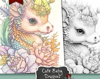Journal Supplies, Cute Baby Dragons Coloring Pages, Fantasy Art (PDF & JPG)