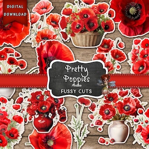Ensemble de fleurs de pavot, fleurs de printemps, fournitures de journalisme, fleurs de journal indésirable, téléchargement numérique, fournitures de journal indésirable, clipart