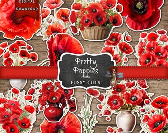 Suministros para diario, set de recortes de flores de amapola, descarga digital de efímeras para diario basura, pegatinas DIY