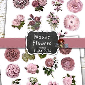 Mauve rosa Blumen Schnitte, Junk Journal Blumen, Ephemera, digitaler Download, DIY Aufkleber, Junk Journal Zubehör, Clip Art