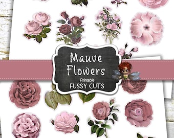 Journal Bedarf, Mauve rosa Blumen fussy Schnitte, Junk Journal Ephemera digitaler Download, DIY Aufkleber