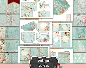 Journal Supplies, Turquoise Garden Junk Journal Kit, Vintage Ephemera Digital Download