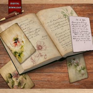 cartes de journalisation florales vintage, fournitures de journal indésirable, registres floraux, pages de registre vintage, téléchargement numérique, cartes de visite, journal de bricolage