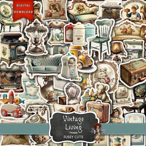 Vintage Living Ephemera, Journaling Supplies, Vintage Furniture, Antique Junk Journal, Digital Download, DIY Stickers, Vintage Ephemera