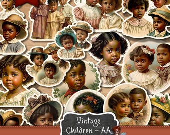 Journalmaterial, Vintage afroamerikanska barns kräsna klipp, skräpjournalklistermärken digital nedladdning, gör-det-själv-klistermärken