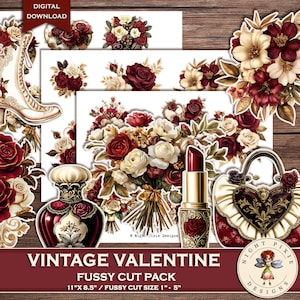 Puede incluir: Un paquete de imágenes recortables de temática vintage de San Valentín para descargar digitalmente. El paquete incluye un ramo de rosas rojas y blancas, un frasco de perfume, un lápiz labial, un bolso de mano con cierre en forma de corazón y varios otros elementos florales. Las imágenes son perfectas para scrapbooking, creación de tarjetas y otros proyectos de manualidades. El paquete mide 28 cm por 21,5 cm y el tamaño de los recortes complejos es de 2,5 a 12,5 cm.
