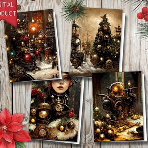 Cartões Digitais de Natal Steampunk #1, Cartões de Natal Nerd, Cartões de Natal Geek, Cartões de Natal Digitais, Download Digital, Cartões DIY