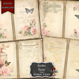 10 Printable Rose Journal Pages, Shabby Roses Paper, Birds and Roses, Digital Download, Journal Kit, Junk Journal Supplies, Journal Supplies