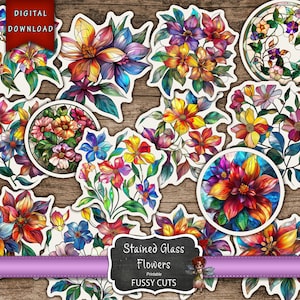 Stained Glass Flower Fussy Cuts, Floral Stickers, Stained Glass, Stained Glass Flowers, Digital Download, Junk Journal Supplies, Clip Art