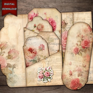 Journaling Supplies, Grungy Roses Junk Journal Folio and Cards, Fussy Cuts, Digital Download, Journal Kit, Junk Journal Supplies