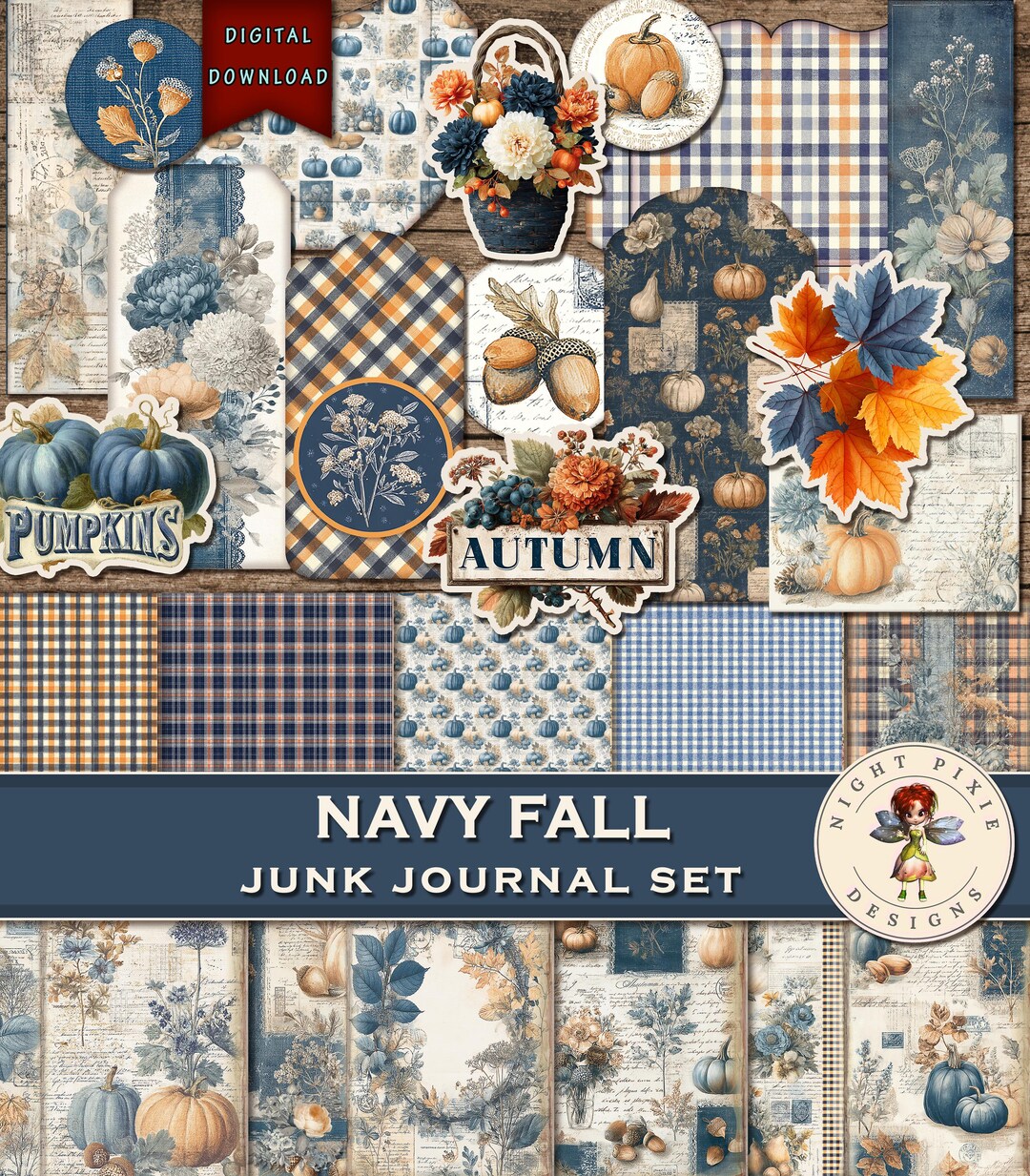 Journal Supplies, Navy Fall Junk Journal Kit, Printable Autumn Ephemera ...