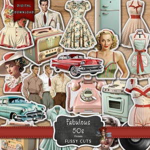Ephemera z lat 50., artykuły do prowadzenia dziennika, styl życia retro, dziennik retro, pobieranie cyfrowe, naklejki DIY, retro efemeryda, retro, clipart