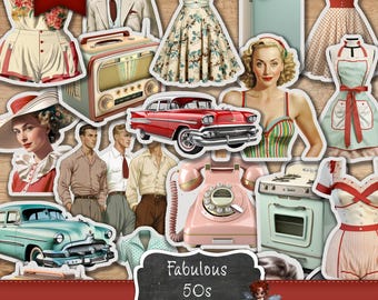 Journal Supplies, 1950s Retro Ephemera, DIY Journaling Stickers Digital Download, DIY Stickers