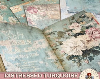May include: Distressed turquoise digital paper pack with floral patterns and text. The pack includes 6 pages, is 300 DPI, and measures 11 inches by 8.5 inches.