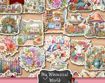 May include: A set of printable fussy cut images featuring whimsical illustrations of a kitchen, a garden, a cow, birds, flowers, and a fountain. The images are perfect for scrapbooking, card making, and other craft projects. The text "My Whimsical World Printable Fussy Cuts" is included in the image.
