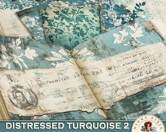 May include: A digital paper pack with six pages of distressed turquoise and white floral patterns. The paper pack is 11 inches by 8.5 inches and 300 DPI.