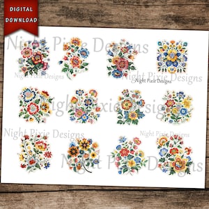 Recortes de arte popular ucraniano, pegatinas florales, recortes de arte popular, flores para revistas basura, descarga digital, suministros para revistas basura, imágenes prediseñadas