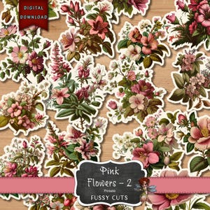 Efímeras de flores primaverales rosas, pegatinas de primavera, suministros para diarios, flores para diarios basura, descarga digital, suministros para diarios basura, imágenes prediseñadas