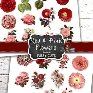 Efímeras de flores rojas, flores para diarios basura, efímeras, descarga digital, pegatinas para hacer uno mismo, suministros para diarios basura, imágenes prediseñadas
