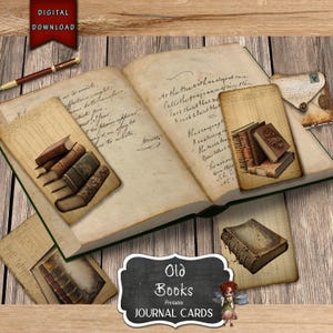 Tarjetas de diario con libros antiguos, suministros para diarios basura de biblioteca, páginas de libro de contabilidad antiguas, descarga digital, tarjetas de diario, diario de bricolaje