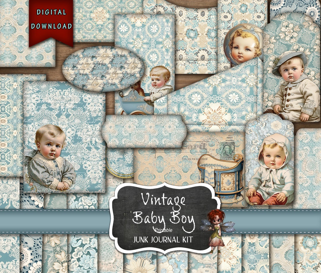 Vintage Baby Boy Junk Journal, Baby Boy Stickers, Junk Journal Supplies