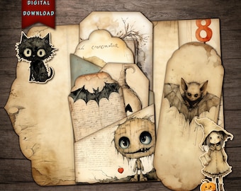 May include: A set of vintage-style Halloween themed printable scrapbook paper with images of a black cat, a bat, a pumpkin, a monster, and a witch. The paper has a distressed, aged look and includes the text "each cornered".