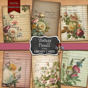Vintage Florals bibliotheekkaarten, Junk Journal Supplies, Floral bibliotheekkaarten, Vintage Junk Journal, digitale download, Journal Kit, grunge papier