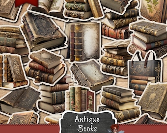Puede incluir: Un conjunto de recortes fusseados digitales imprimibles que presentan libros antiguos en varios colores y estilos. La imagen incluye una variedad de pilas de libros, libros abiertos y una bolsa de libros. El texto "Antique Books Printable Fussy Cuts" se muestra en una pizarra.