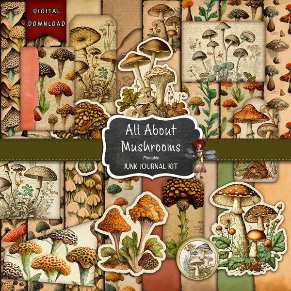 Mushrooms Journaling Supply, Mushrooms Journal, Shrooms, Edibles, Junk Journal Supplies, Digital Download, Journal Kit, Digital Download