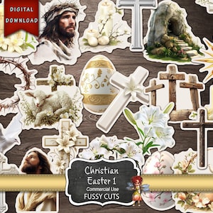Recortes de Pascua cristianos, Jesús, huevos, lirio, diario basura de Pascua, descarga digital, pegatinas para hacer tú mismo, pegatinas de Pascua, imágenes prediseñadas, Pascua