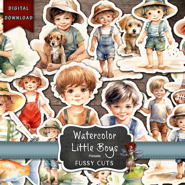 Watercolor Little Boys Fussy Cuts, Boy Stickers, Junk Journal Supplies, Boys Junk Journal, Boys, Clip Art, Digital Download Gift